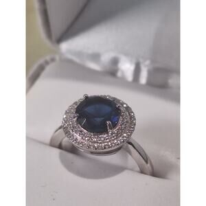 925 Sterling Silver 2.20ct Sapphire Halo Ring Round Blue Size 6.25 NIB
